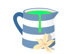 A cartoon picture of a blue and white striped jug containing something green that is dripping over the edge