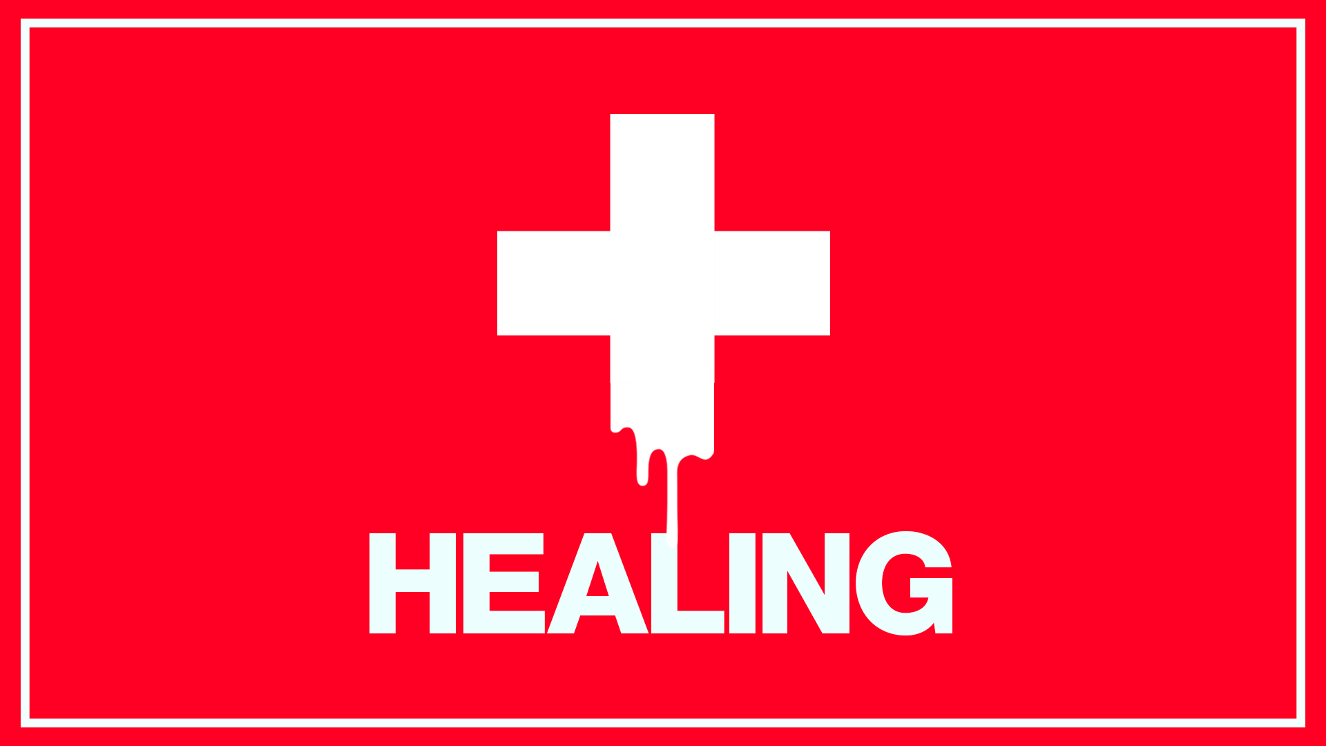 Cross emblem with reference to first aid symbol with drips added to signify the blood of Jesus