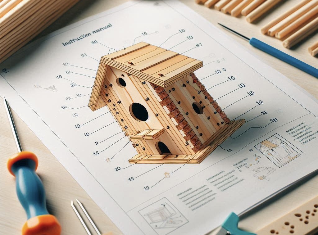 Diagram of parts of a wooden birdhouse